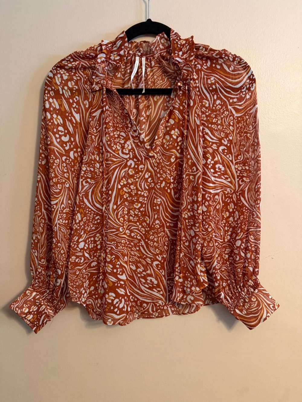 Anthropologie Rust and White Floral Tie-Neck Blouse